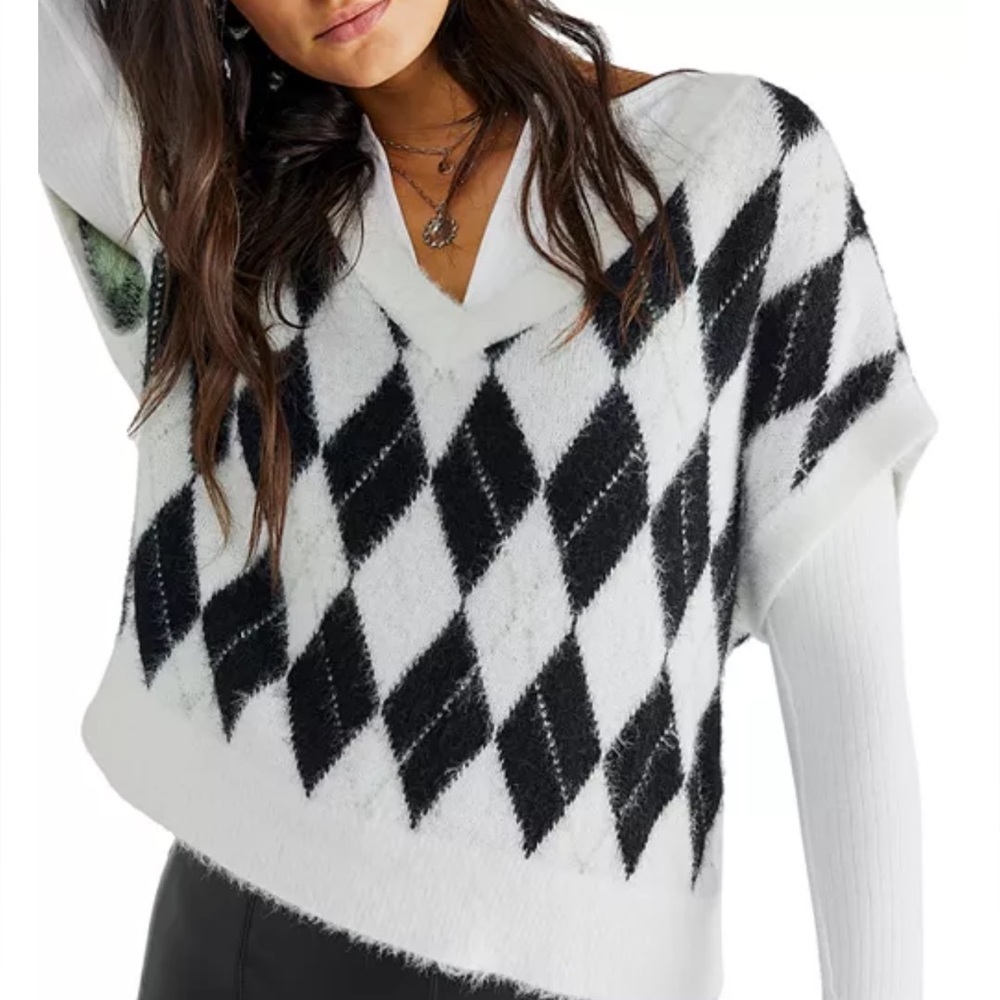 Free People Through the Motions Argyle Short Sleeve Sweater